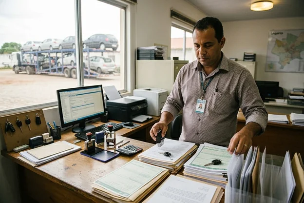 Despachante em Lagarto organizando documentos para transporte de veículos.